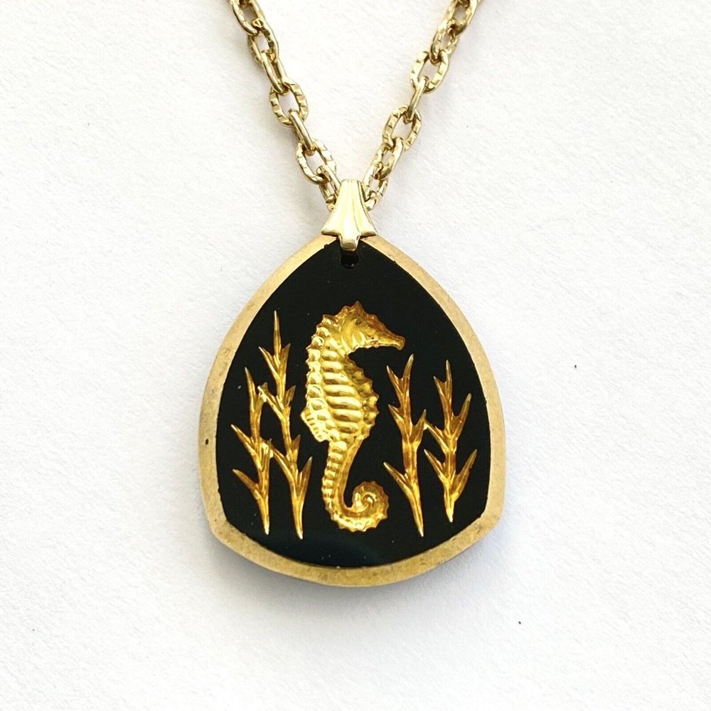 Seahorse Black & Gold Glass Pendant Gold Tone Chain Necklace 24”